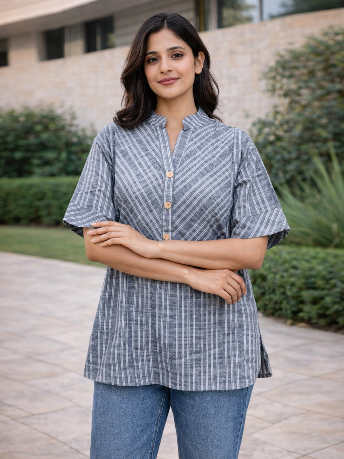 Grey Stripe Yoke Top – SaavStore