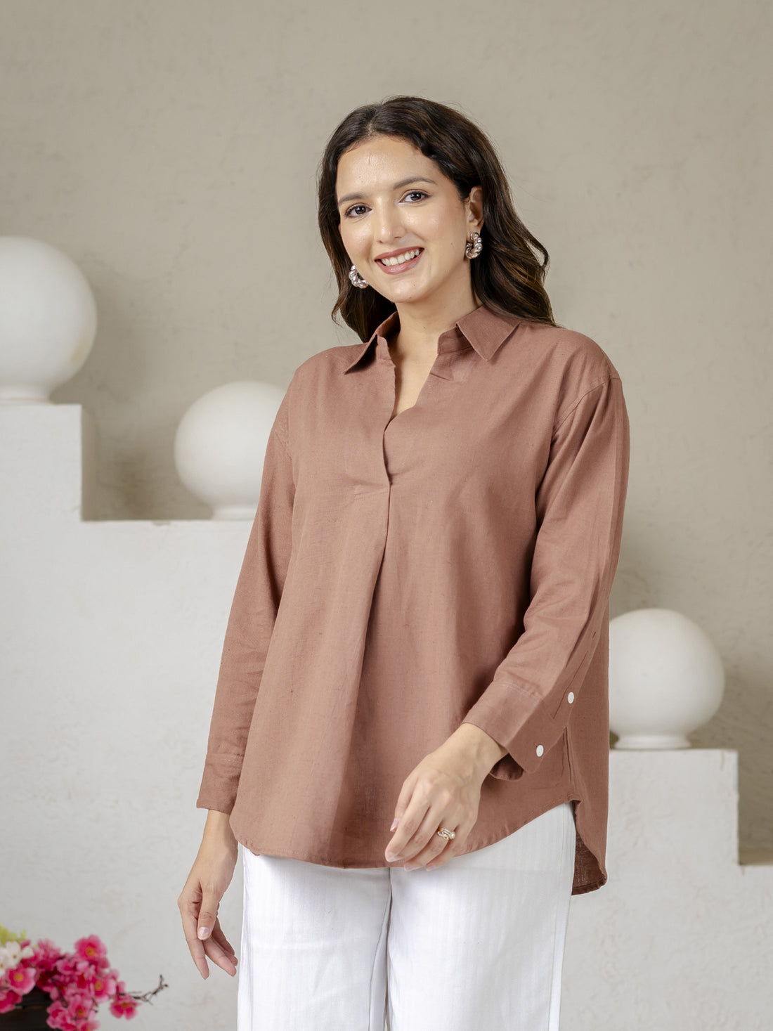 Light Brown Airy Linen Pleated Cotton Top