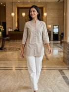 Cream Handloom Cotton Front-Slit Short Kurti for Women