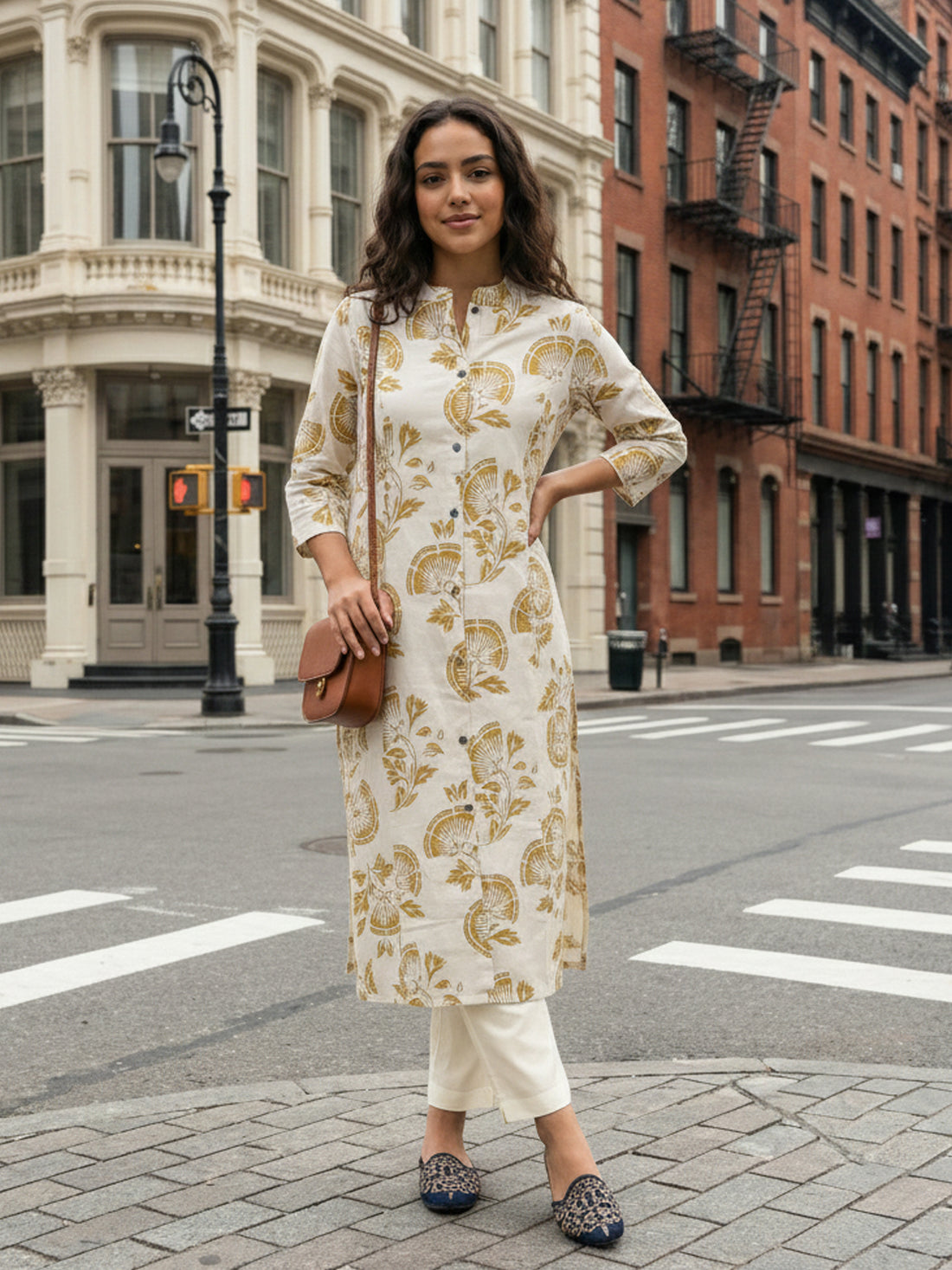 Yellow Airy Linen Cotton Straight Printed Kurta Set