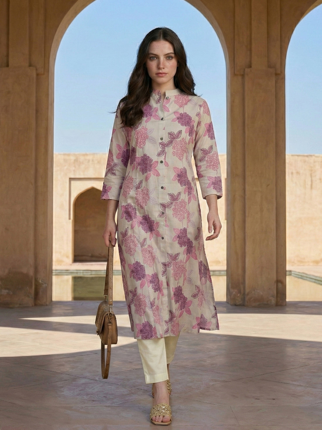 Magenta Airy Linen Cotton Straight Printed Kurta Set