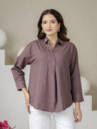 Chocolate Airy Linen Pleated Cotton Top