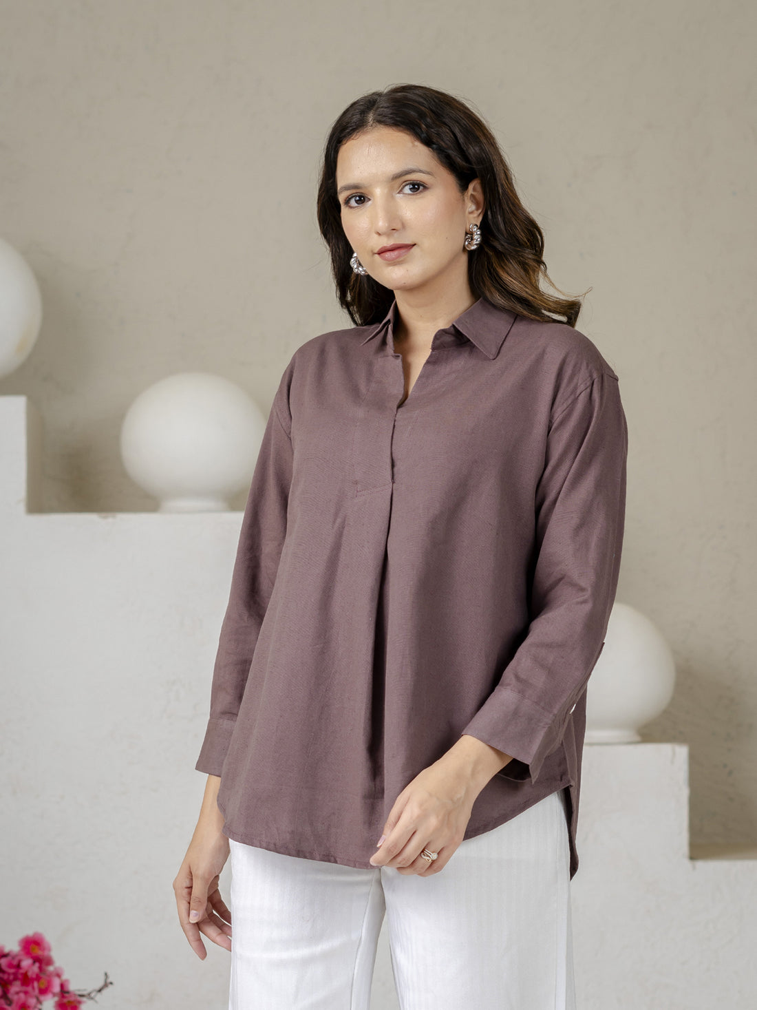 Chocolate Airy Linen Pleated Cotton Top