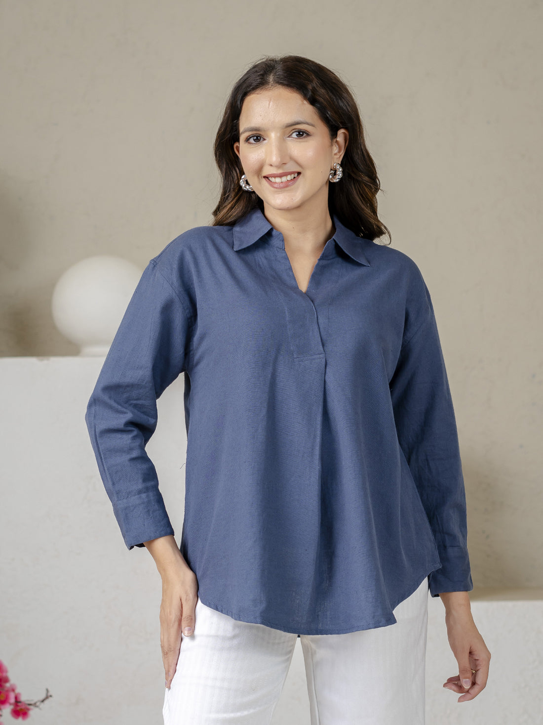Blue Airy Linen Pleated Cotton Top