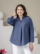 Blue Airy Linen Pleated Cotton Top