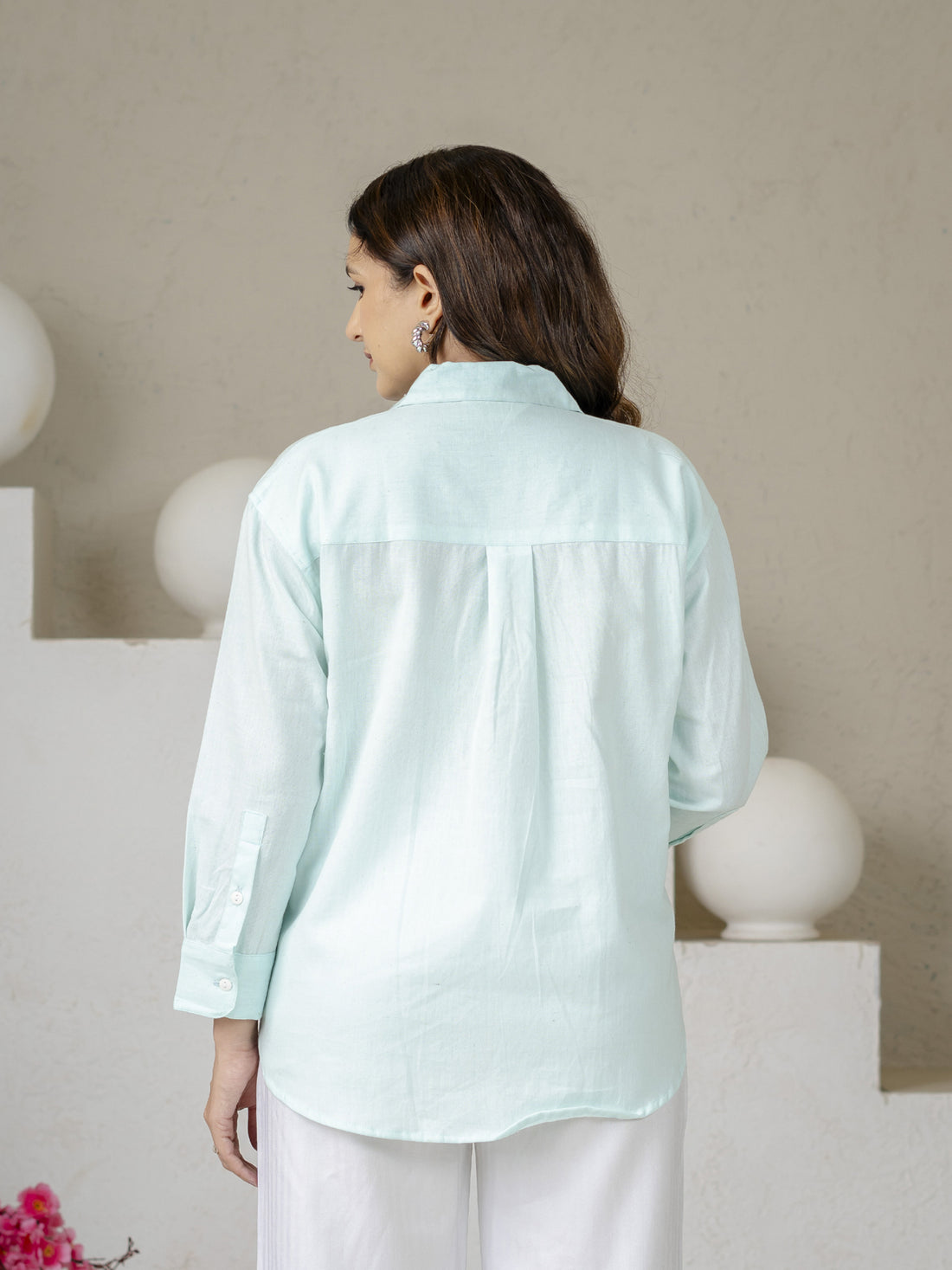 Light Blue Airy Linen Pleated Cotton Top