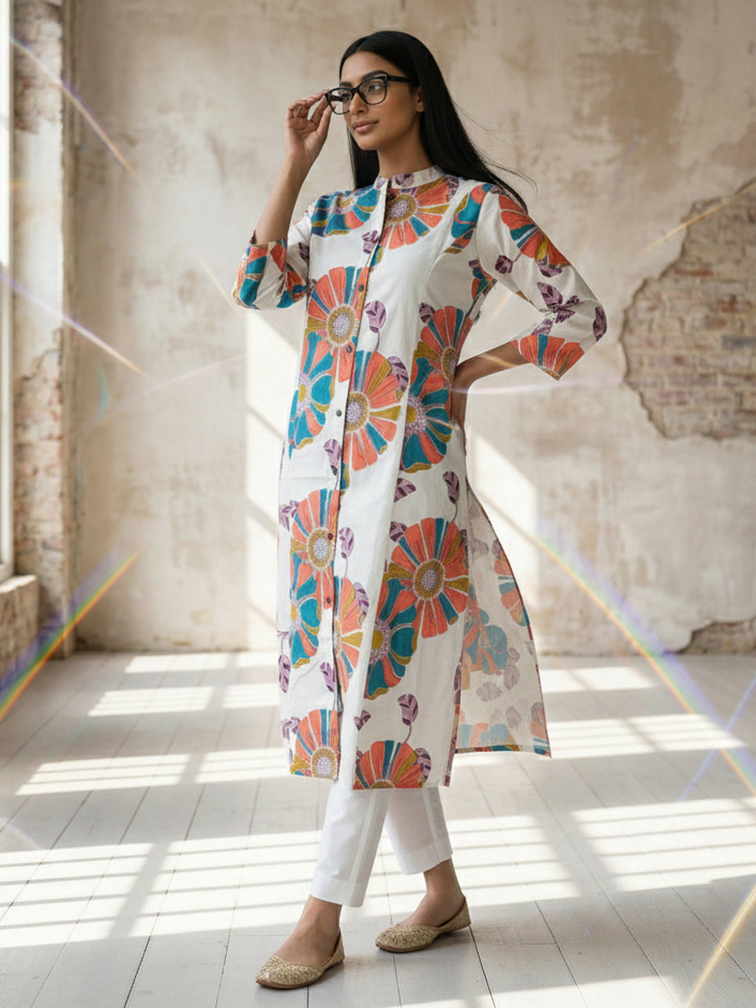 Peach Airy Linen Cotton Straight Printed Kurta Set