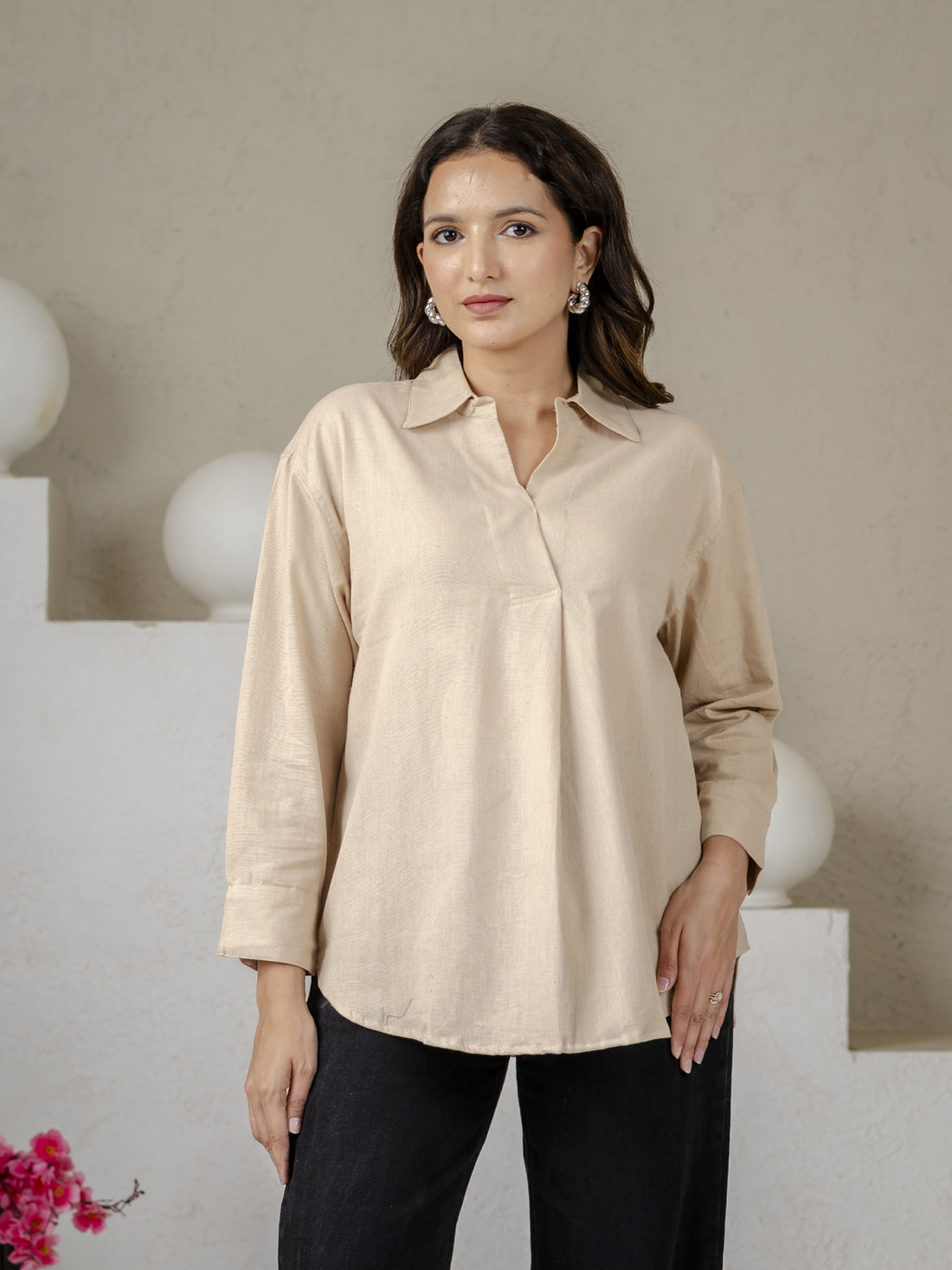 Beige Oversized Airy Linen Pleated Cotton Top