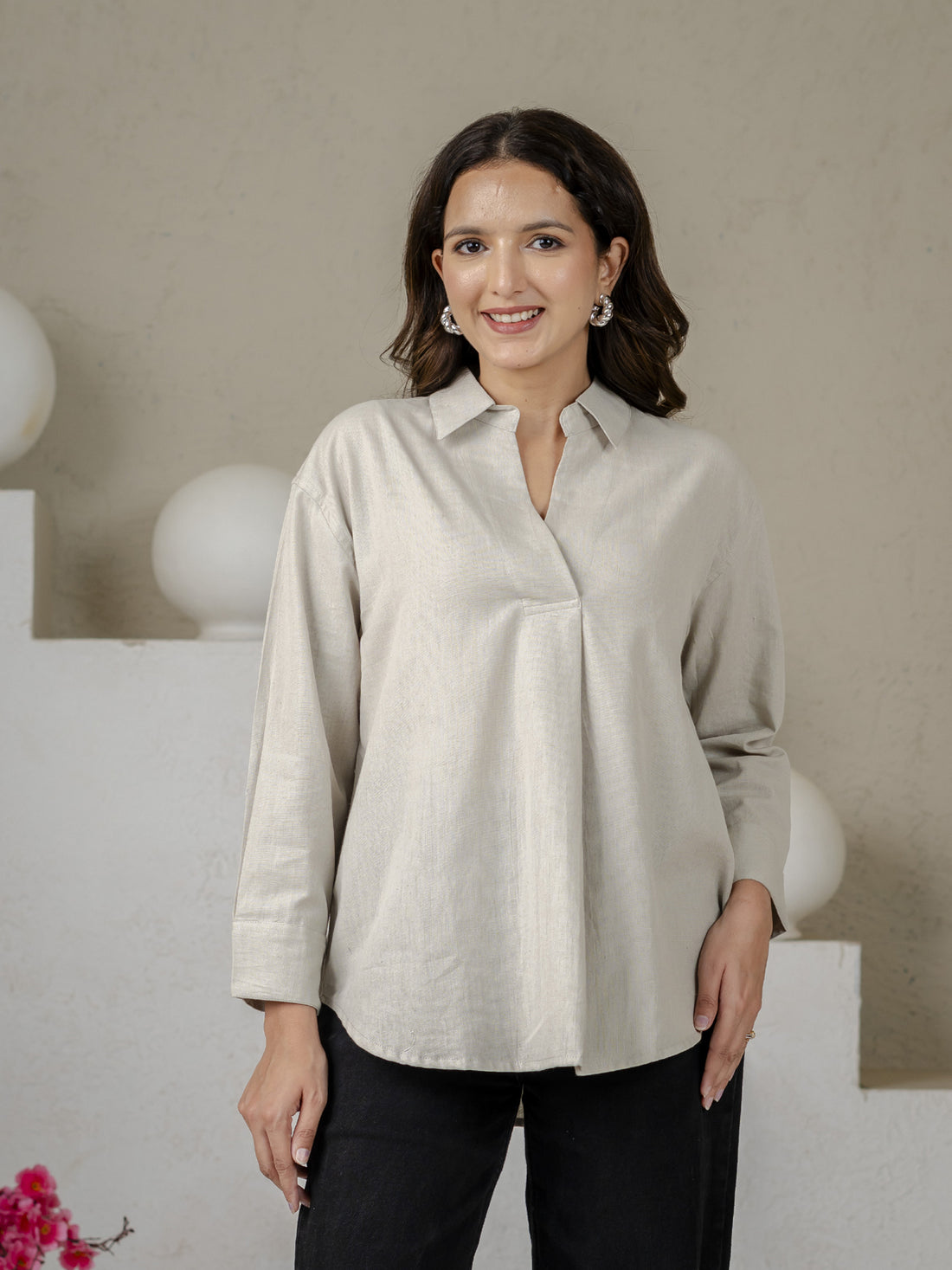 Light Grey Airy Linen Pleated Cotton Top