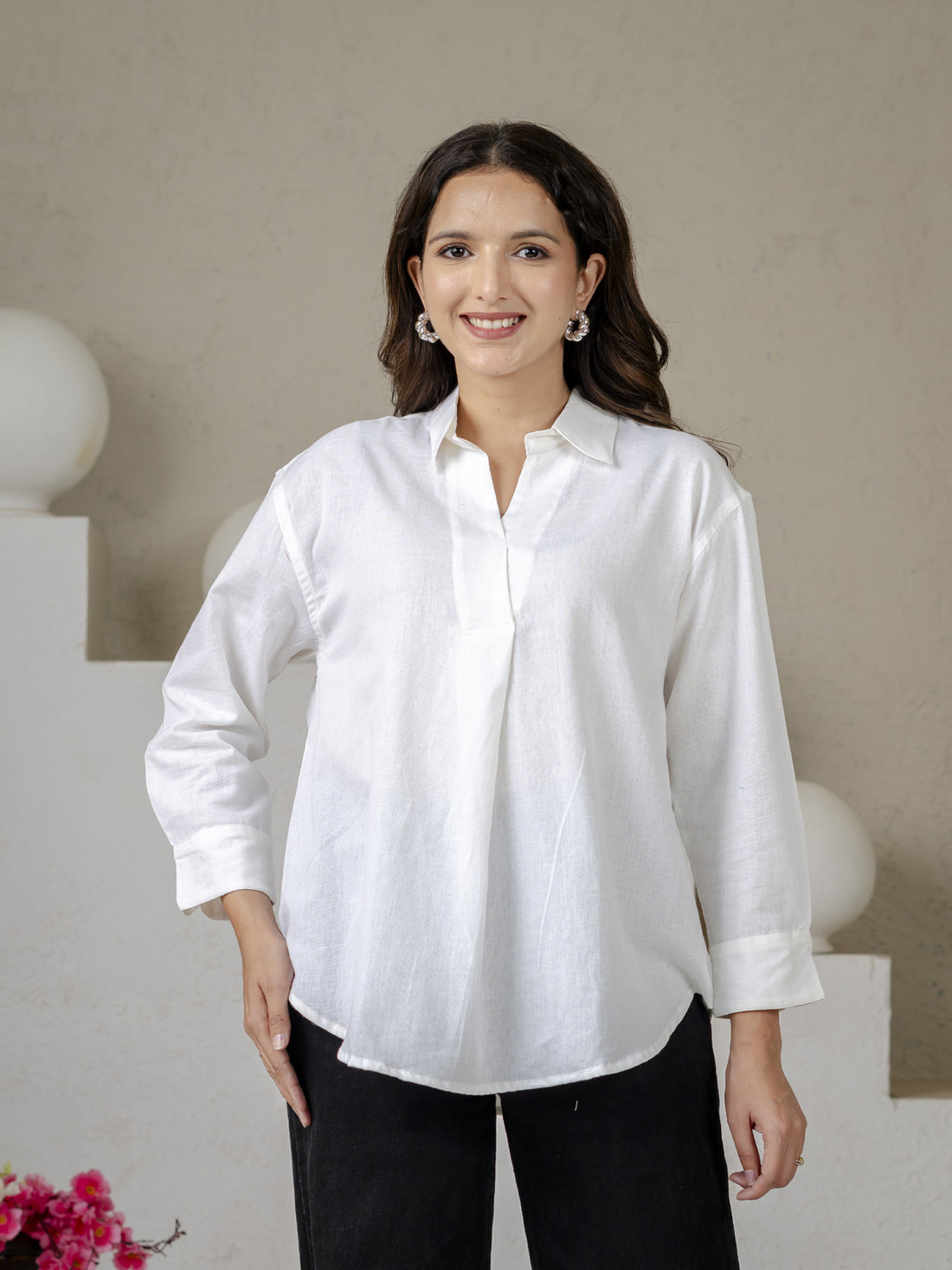 White Airy Linen Pleated Cotton Top