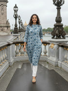 Grey Airy Linen Cotton Straight Printed Kurta Set