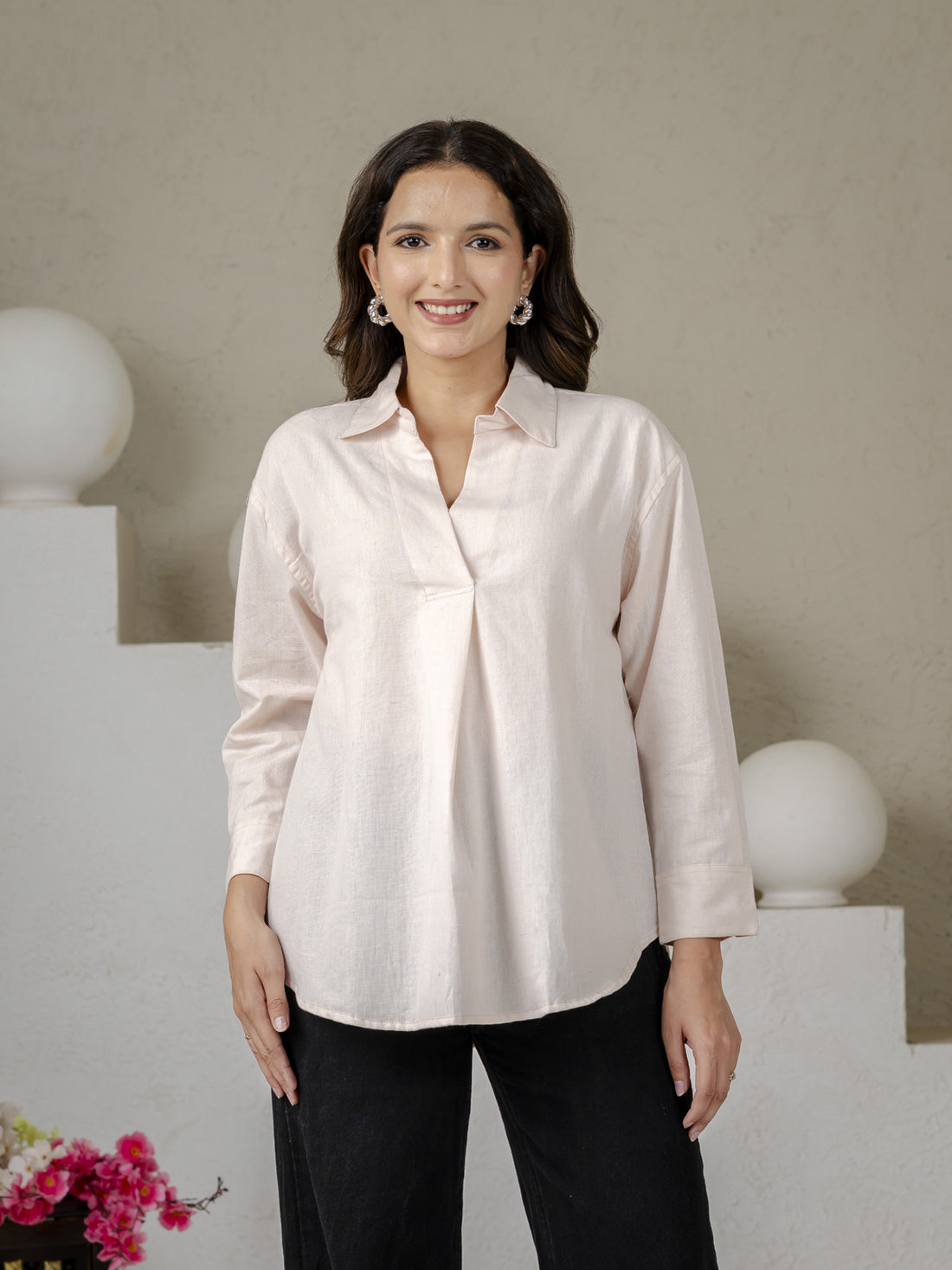 Light Pink Airy Linen Pleated Cotton Top