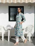 Green Airy Linen Cotton Straight Printed Kurta Set