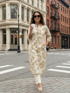 Yellow Airy Linen Cotton Straight Printed Kurta Set