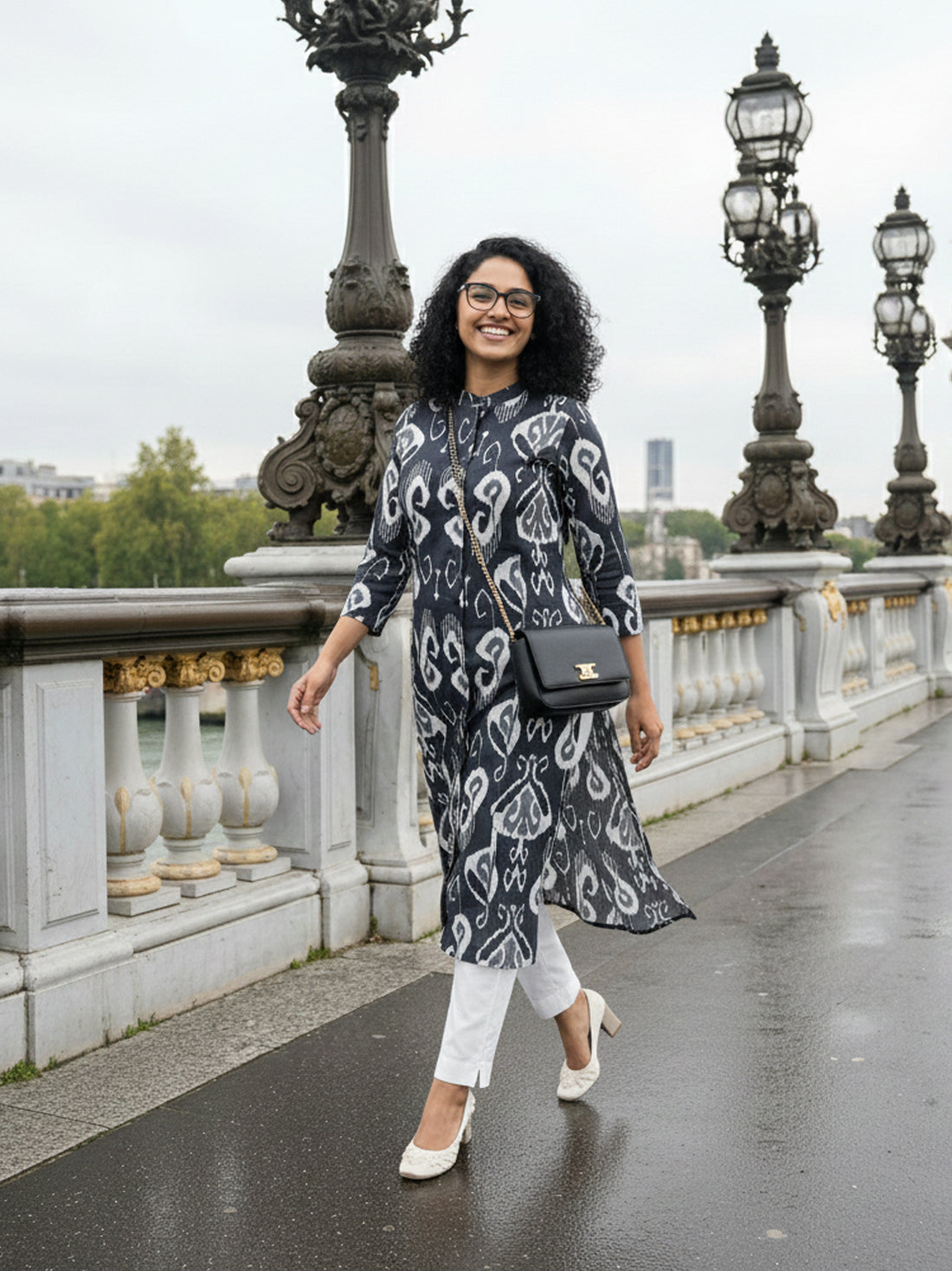 Black Airy Linen Cotton Straight Printed Kurta Set