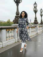 Black Airy Linen Cotton Straight Printed Kurta Set