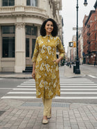 Yellow Airy Linen Cotton Straight Printed Kurta Set