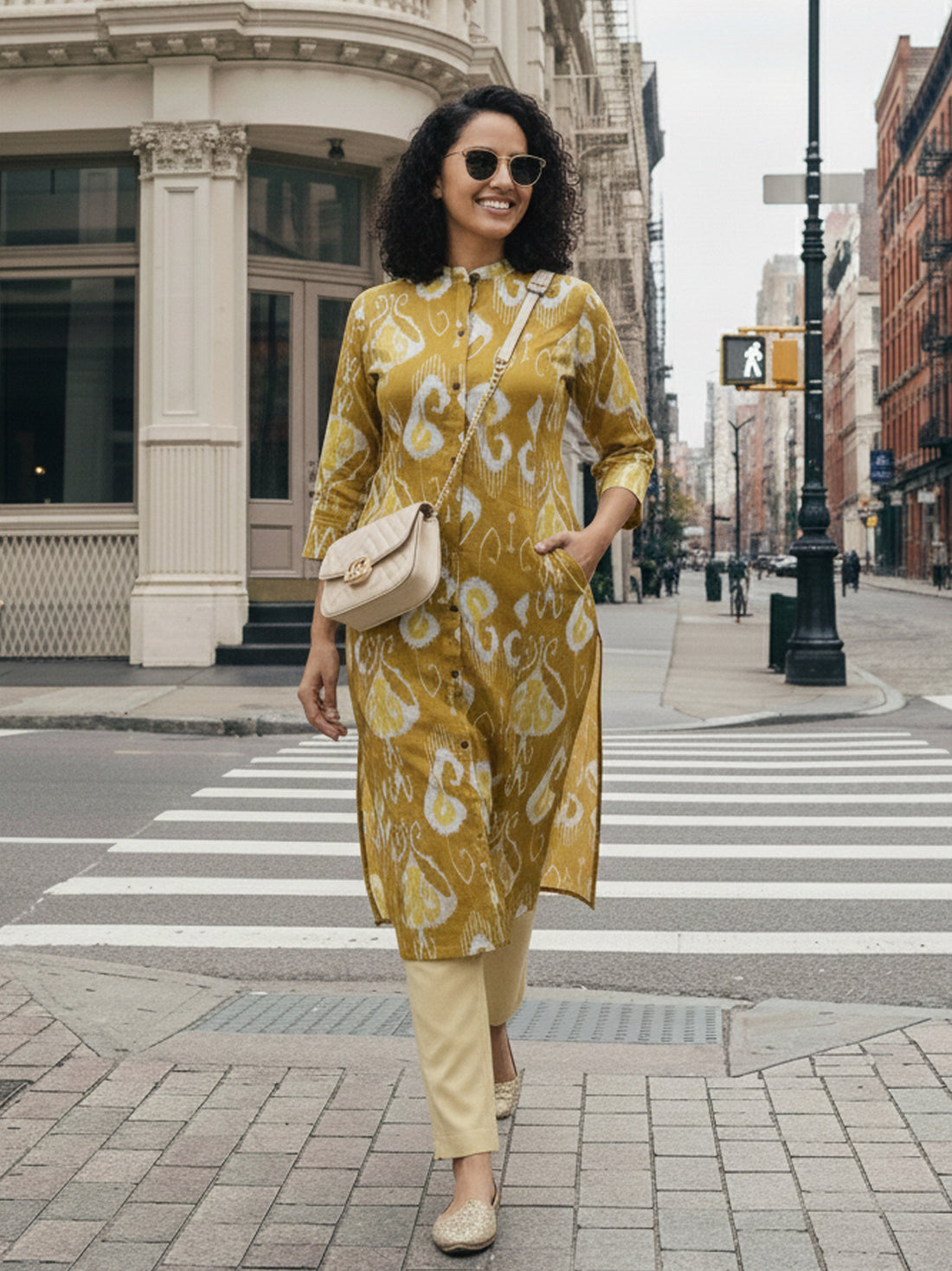 Yellow Airy Linen Cotton Straight Printed Kurta Set