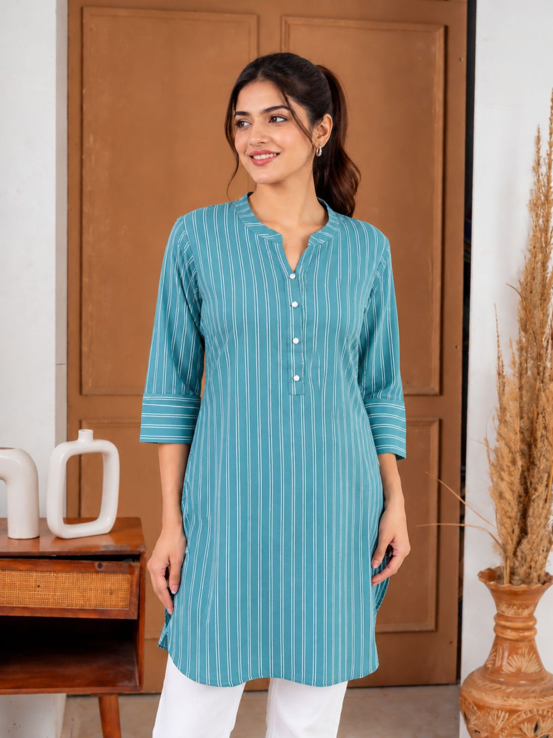 Green Cotton Stripe Short Kurti