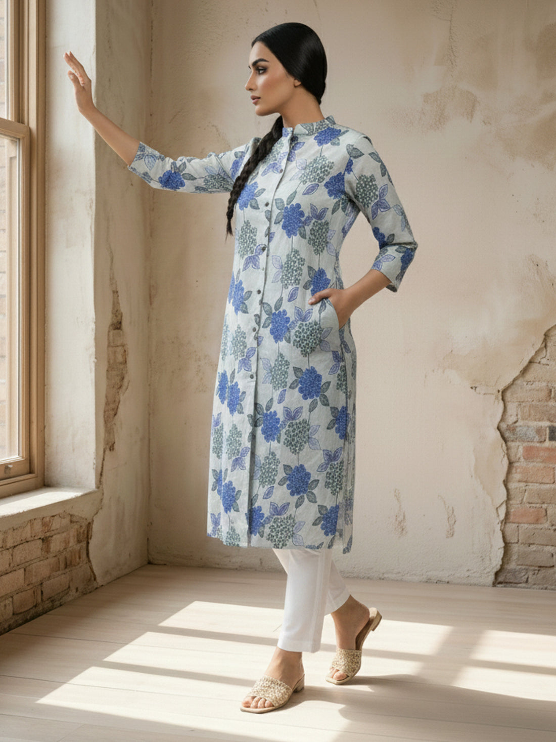 Blue Airy Linen Cotton Straight Printed Kurta Set