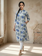 Blue Airy Linen Cotton Straight Printed Kurta Set