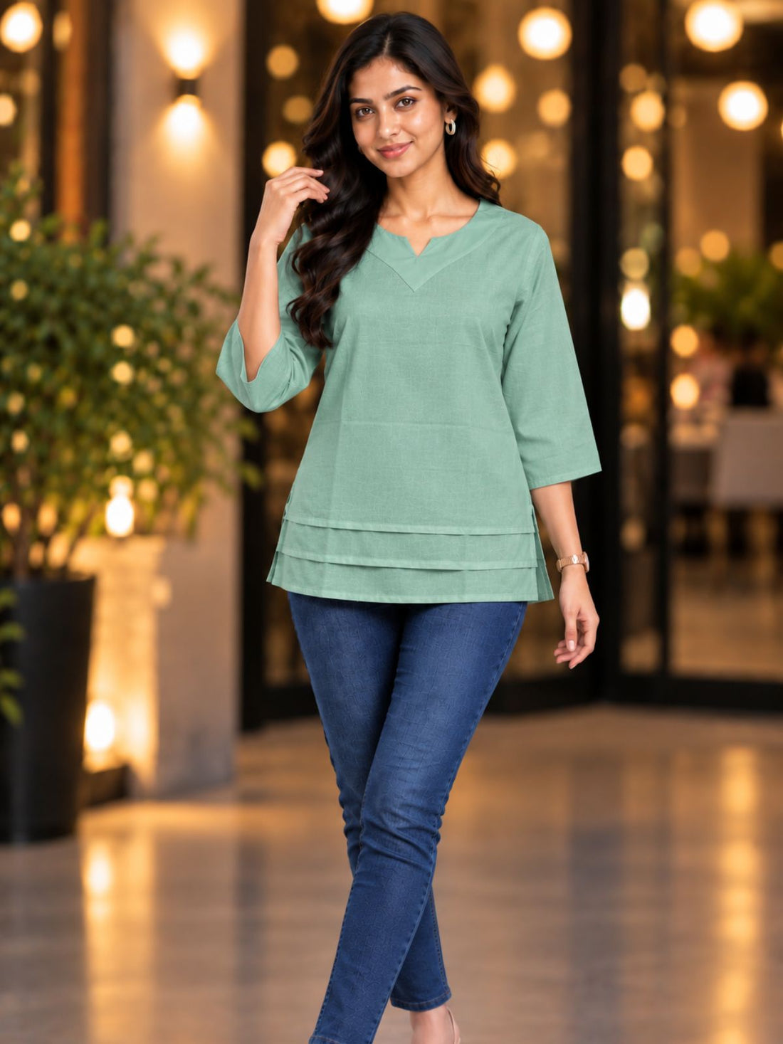 Light Green Cotton Leared Tops