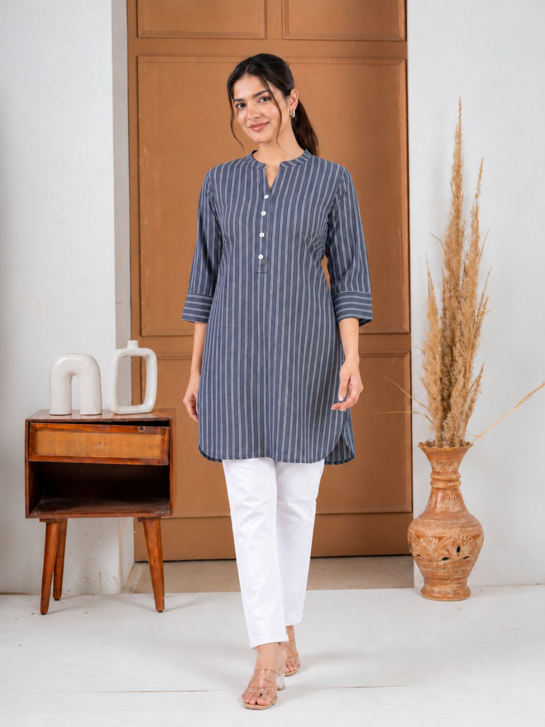 Grey Cotton Stripe Short Kurti