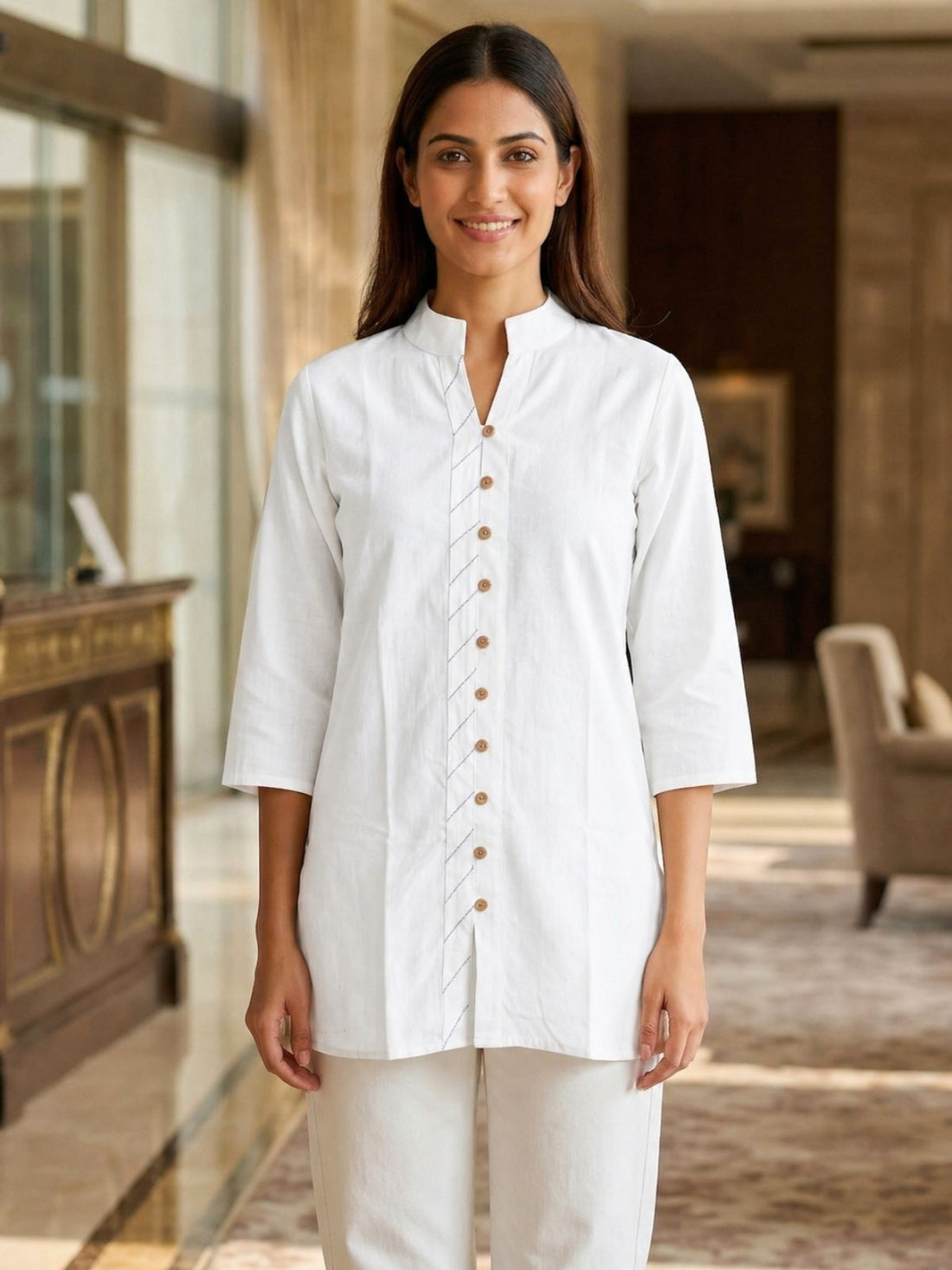 White Handloom Cotton Front-Slit Short Kurti for Women