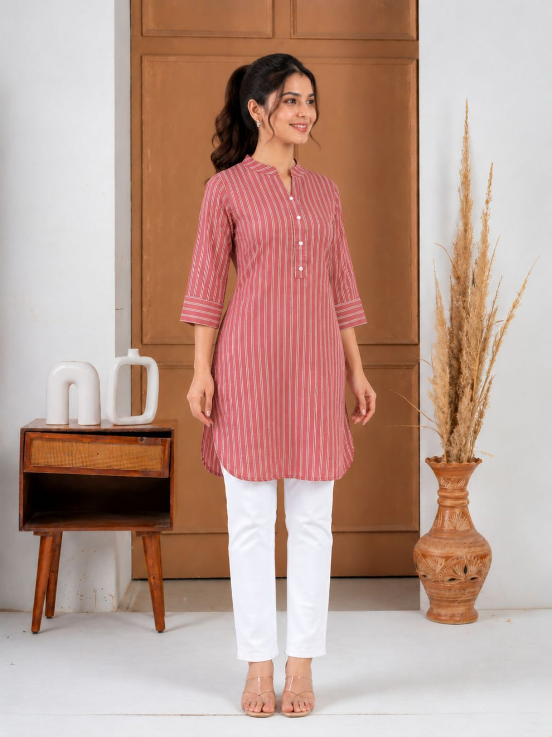 Pink Cotton Stripe Short Kurti