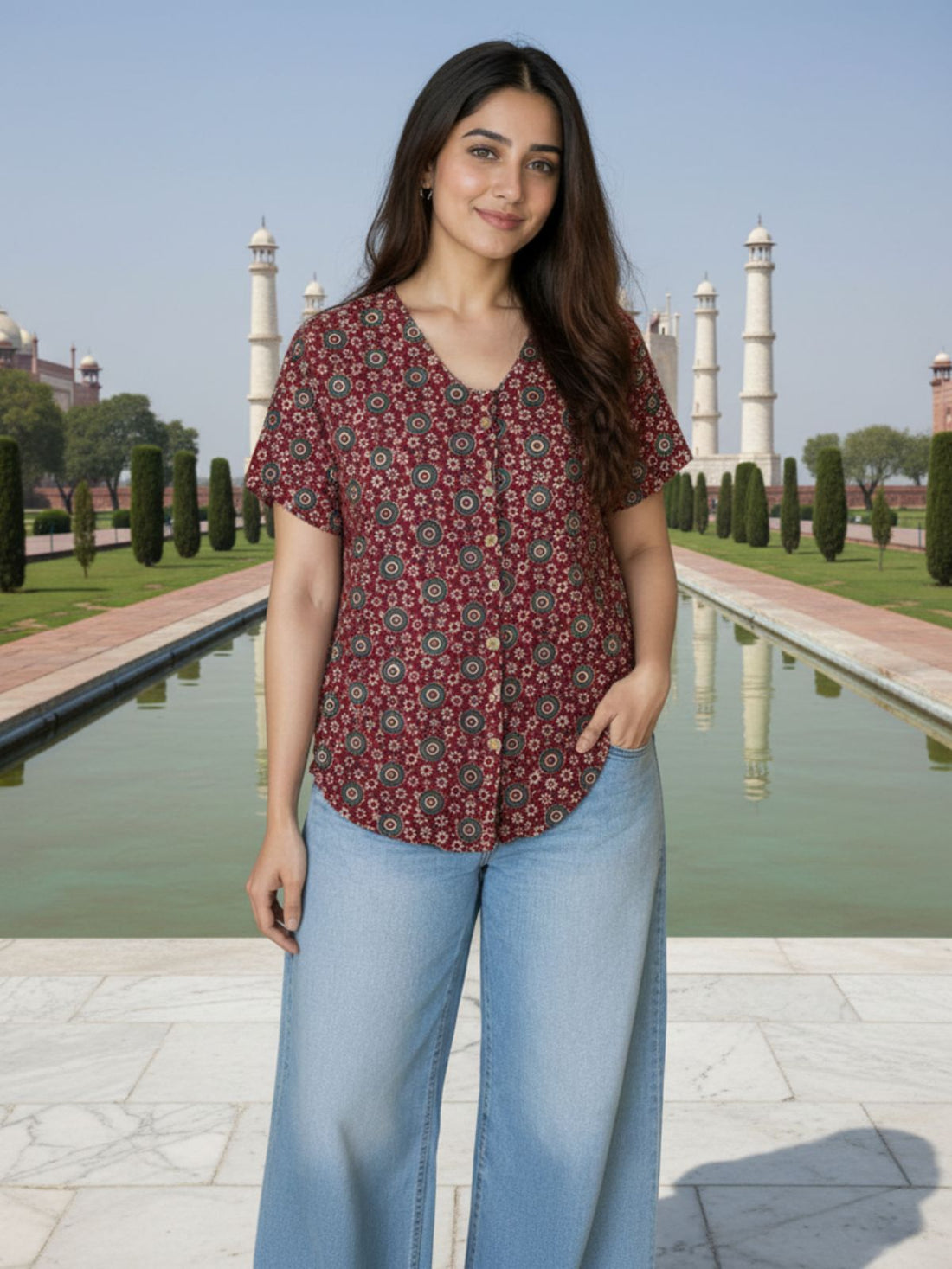 Jaipuri Maroon Printed Cotton Top-05
