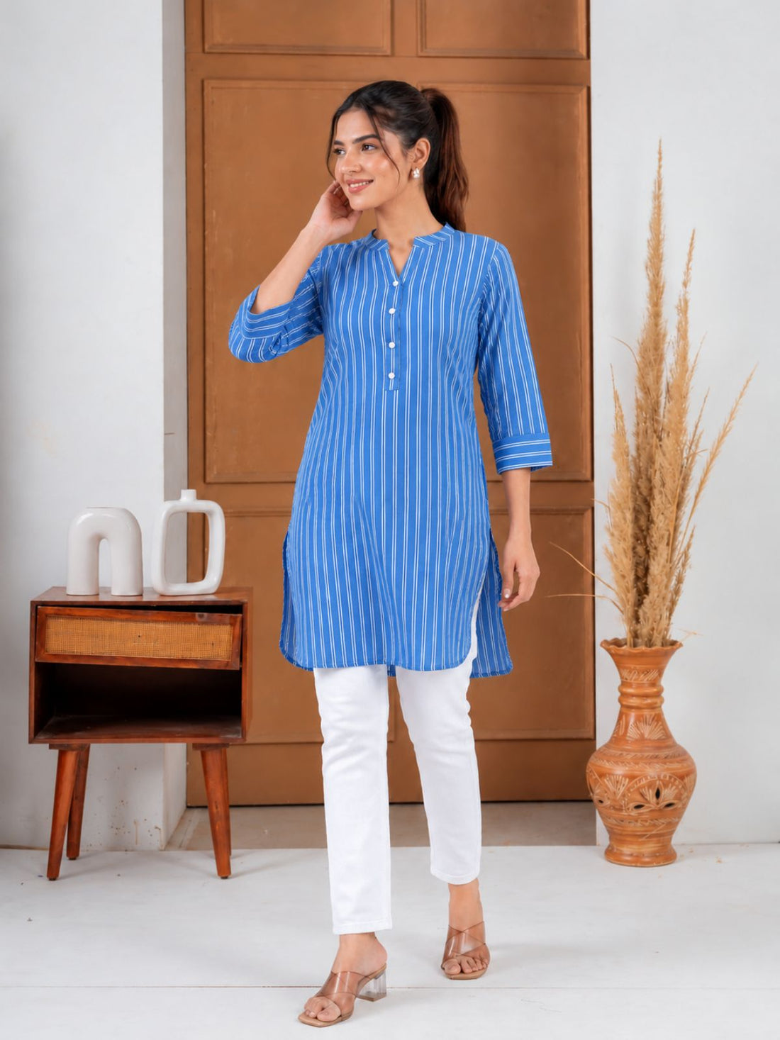 Blue Cotton Stripe Short Kurti