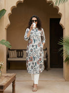 Beige Airy Linen Cotton Straight Printed Kurta Set