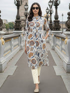 Brown Airy Linen Cotton Straight Printed Kurta Set