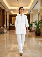White Handloom Cotton Front-Slit Short Kurti for Women