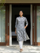 Grey Airy Linen Cotton Straight Printed Kurta Set
