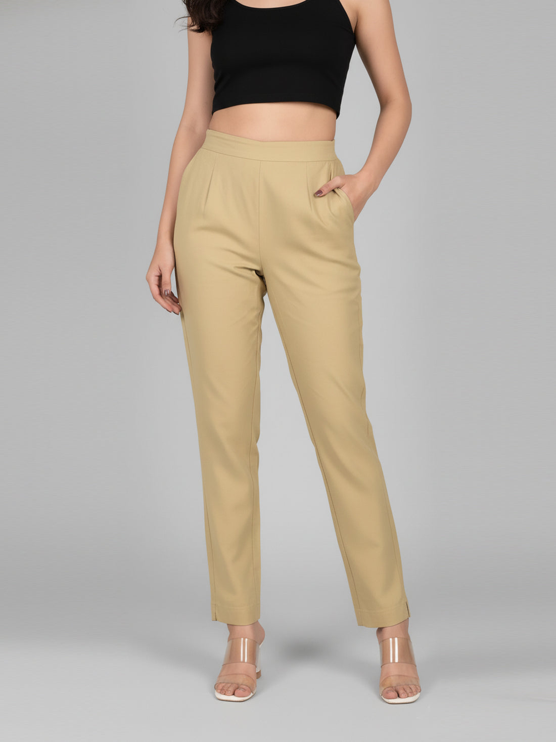 Beige Everyday Cotton Half Elastic Trouser
