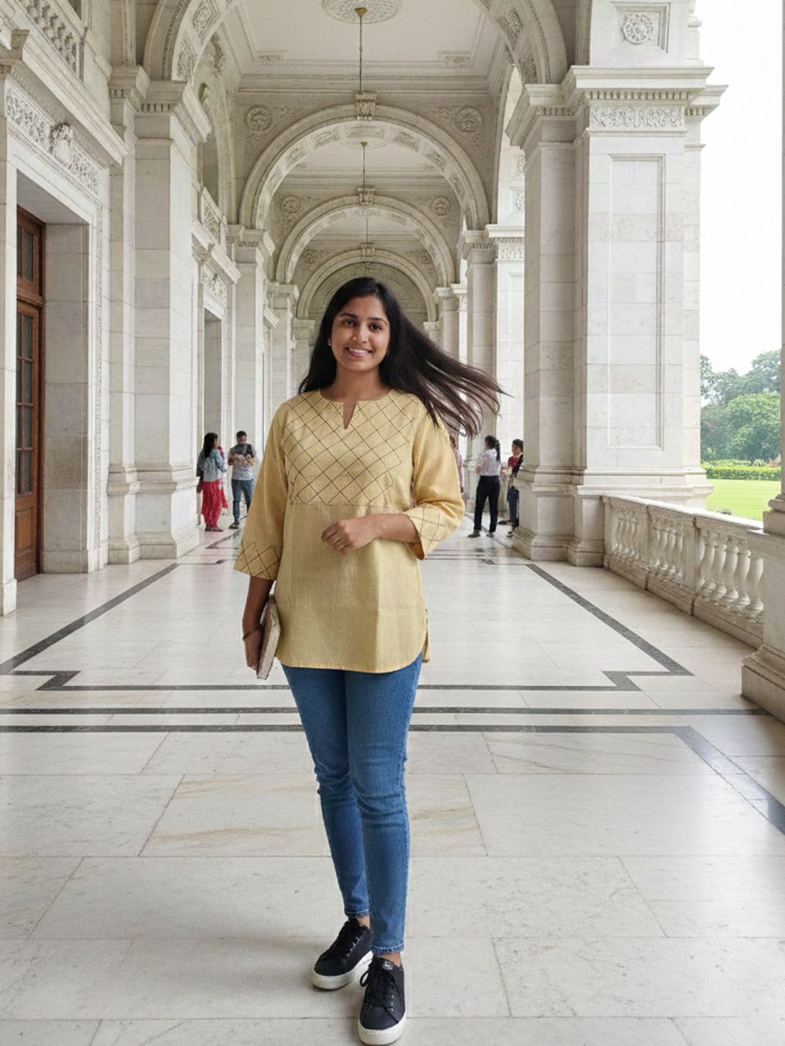 Beige Cotton Handloom Yoke Design Top