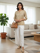 Beige Viscose Elastic Waist Tops