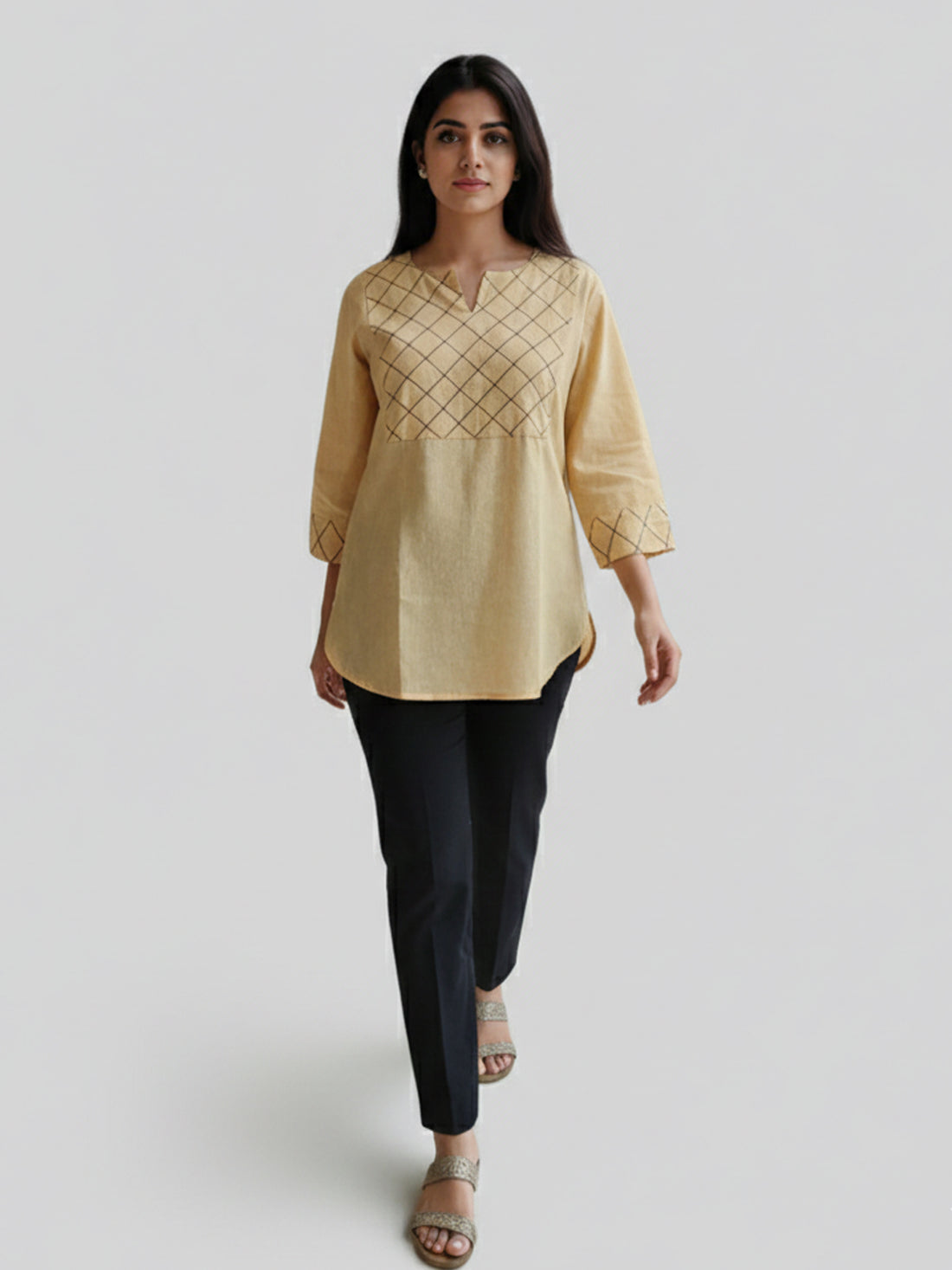 Bundle of 2 Beige & Mustard Cotton Handloom Yoke Design Top
