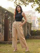 Beige Relaxed Fit Wide Leg Pants - Pure Cotton