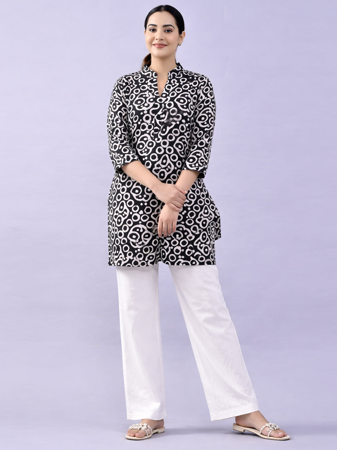 Black Cotton Block Print Short Kurti