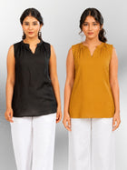 Black & Camel  Viscose Gathered Neckline Tops Combo