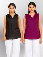 Black & Magenta  Viscose Gathered Neckline Tops Combo