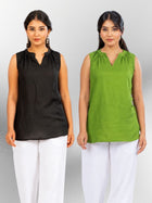 Black & Mehndi  Viscose Gathered Neckline Tops Combo