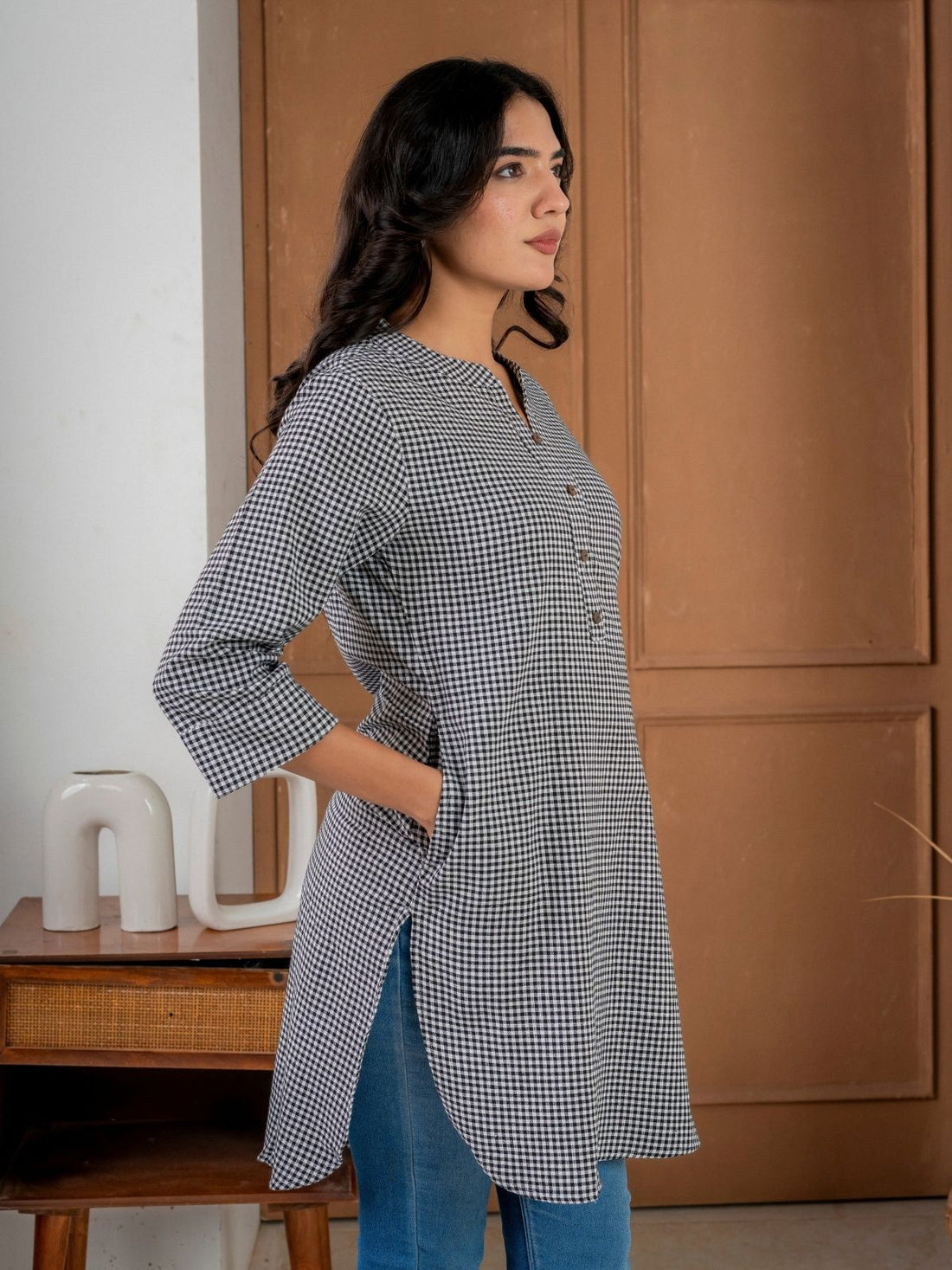 Black Mini Checks Cotton Short Kurti