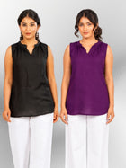 Black & Purple Viscose Gathered Neckline Tops Combo
