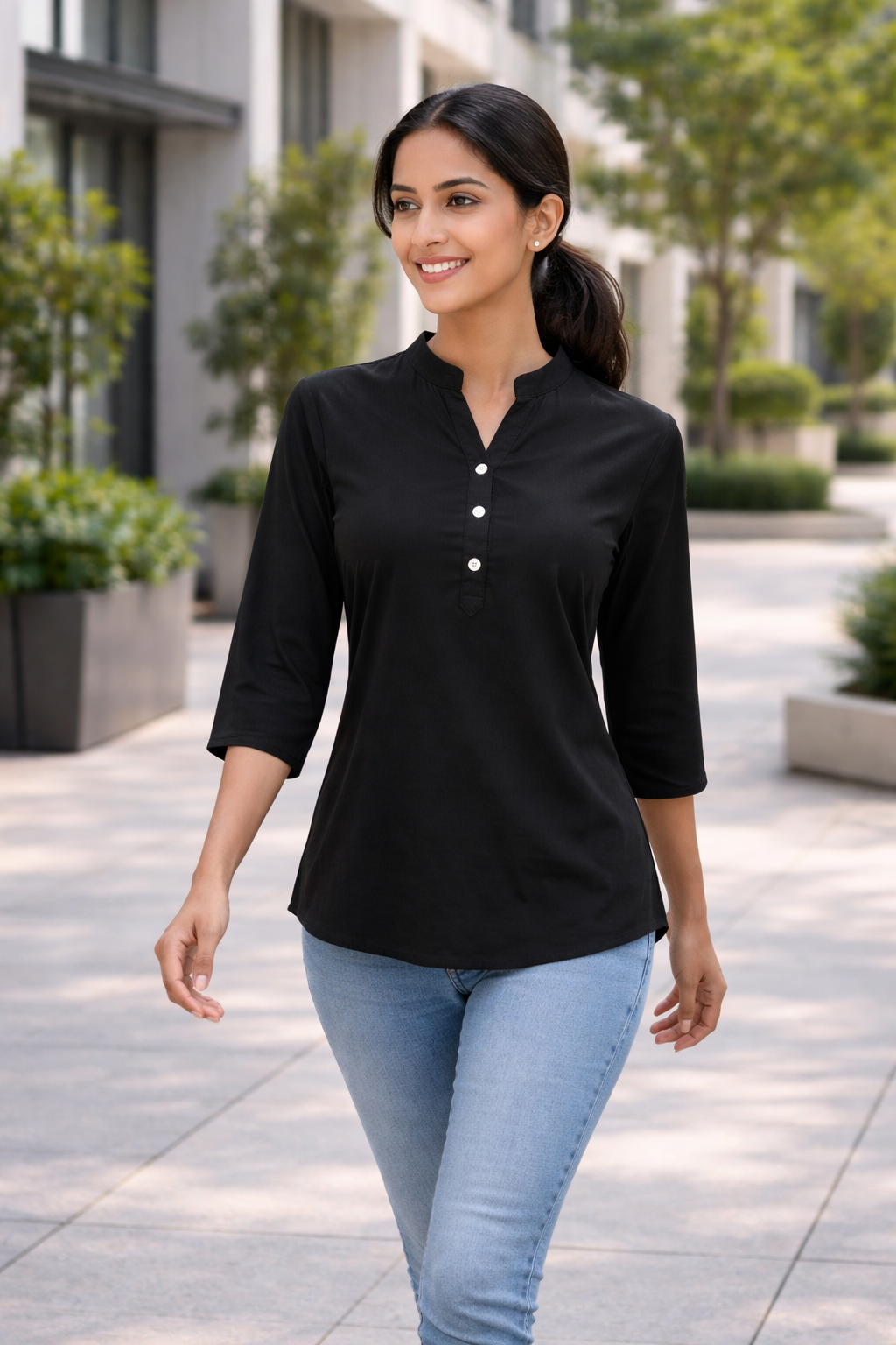 Black Viscose Regular Fit Tops