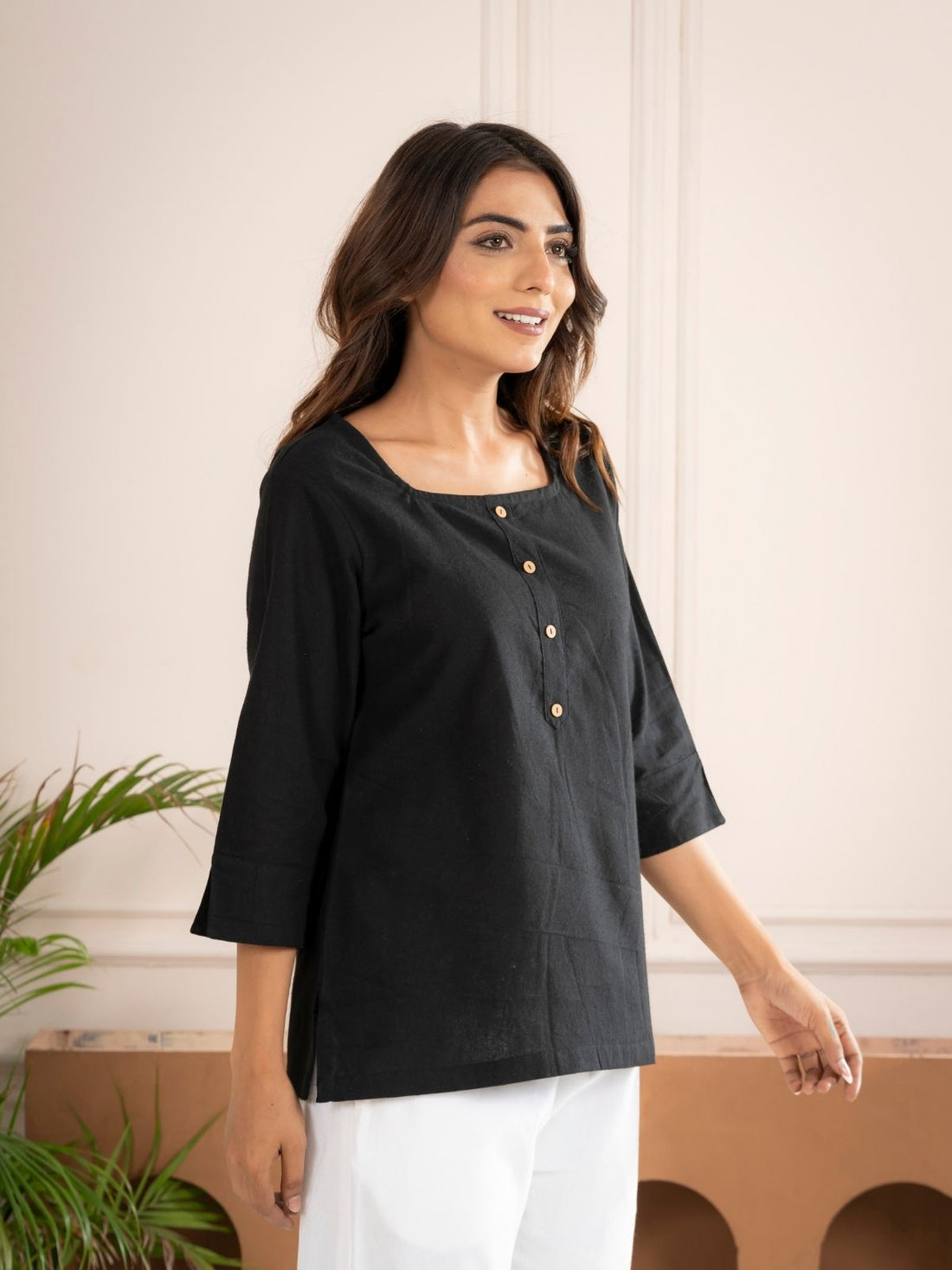 Black Everyday Cotton Square Neck Top