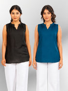 Black & TealBlue Viscose Gathered Neckline Tops Combo