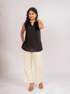 Black Viscose Gathered Neckline Tops